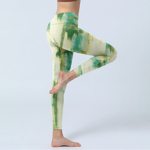 Buddha Stones Beige Green Tie Dye Print Exercise Leggings Women's Yoga Pants Leggings BS 3