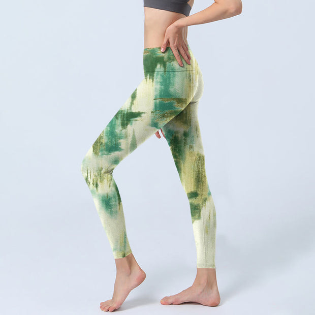 Buddha Stones Beige Green Tie Dye Print Exercise Leggings Women's Yoga Pants Leggings BS 2