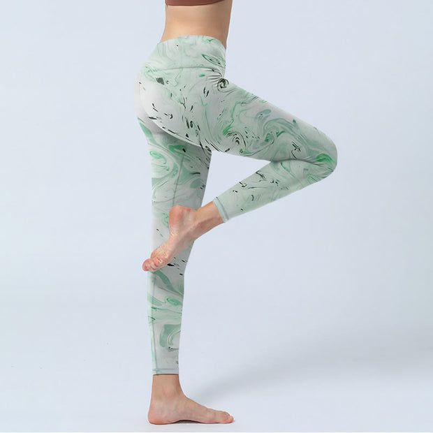 Buddha Stones Honeydew Green White Flow Line Print Exercise Leggings Women's Yoga Pants