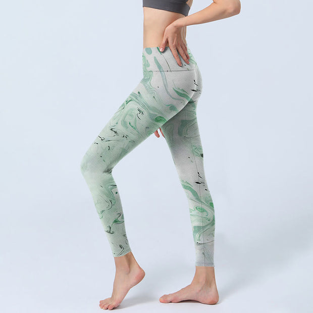 Buddha Stones Honeydew Green White Flow Line Print Exercise Leggings Women's Yoga Pants - image 3