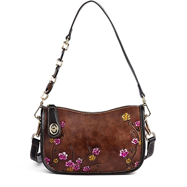 Buddha Stones Retro Flowers Printed Leather Bag Journey Shopping Purse Handbag Shoulder Bag Crossbody Bag Crossbody Bag&Shoulder Bag BS Retro Black Brown (22*8*15cm)