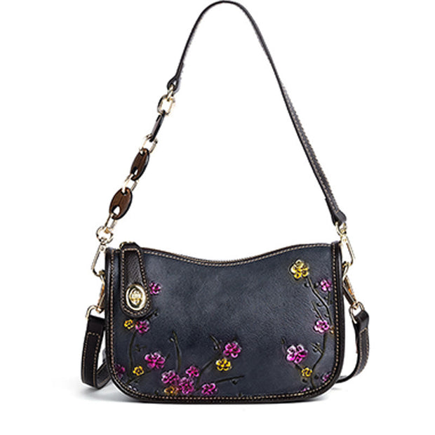 Buddha Stones Retro Flowers Printed Leather Bag Journey Shopping Purse Handbag Shoulder Bag Crossbody Bag