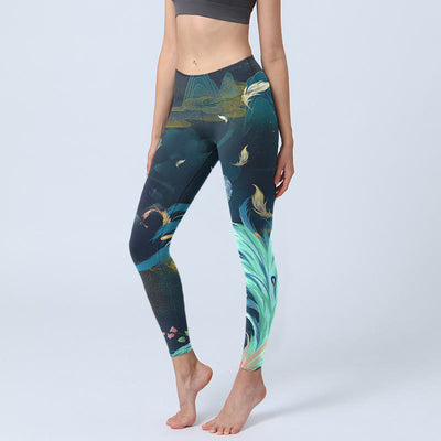 Buddha Stones Mountains Phoenix Feather Exercise Leggings Women's Yoga Pants - DarkSlateGray - US18，UK/AU22，EU50 (4XL) - image 1