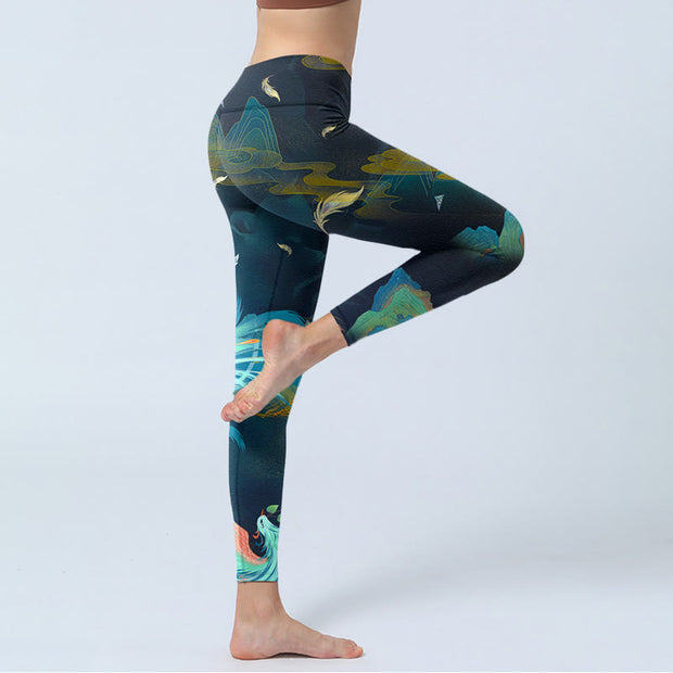 Buddha Stones Mountains Phoenix Feather Exercise Leggings Women's Yoga Pants Leggings BS 3