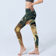 Buddha Stones Dark Slate Gray Double Koi Fish Sky Lantern Tower Exercise Leggings Women's Yoga Pants - image 3