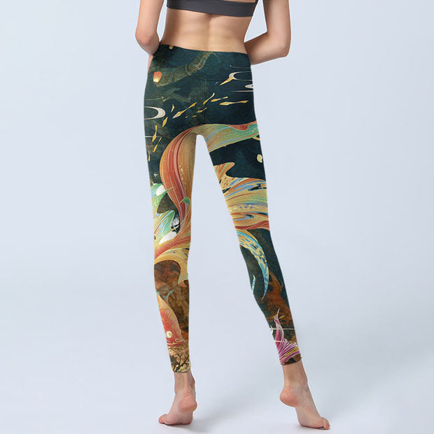 Buddha Stones Dark Slate Gray Double Koi Fish Sky Lantern Tower Exercise Leggings Women's Yoga Pants - image 7