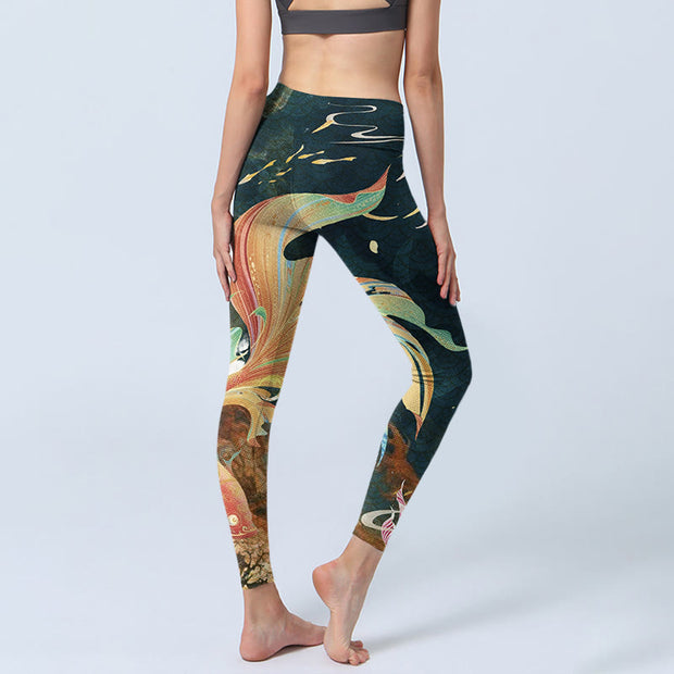 Buddha Stones Dark Slate Gray Double Koi Fish Sky Lantern Tower Exercise Leggings Women's Yoga Pants - image 5