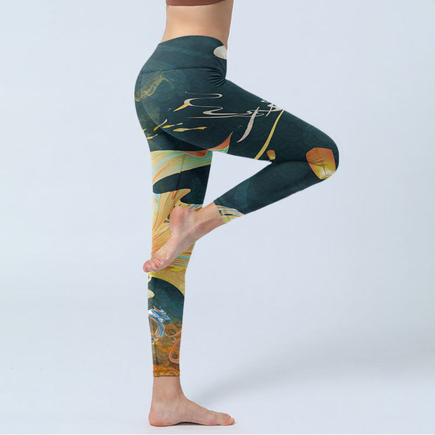 Buddha Stones Dark Slate Gray Double Koi Fish Sky Lantern Tower Exercise Leggings Women's Yoga Pants - image 4