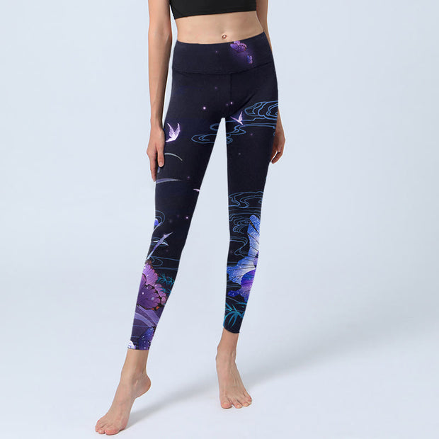 Buddha Stones Midnight Blue Flower Purple Butterfly Exercise Leggings Women's Yoga Pants Leggings BS 5