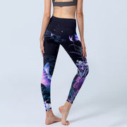 Buddha Stones Midnight Blue Flower Purple Butterfly Exercise Leggings Women's Yoga Pants Leggings BS 4