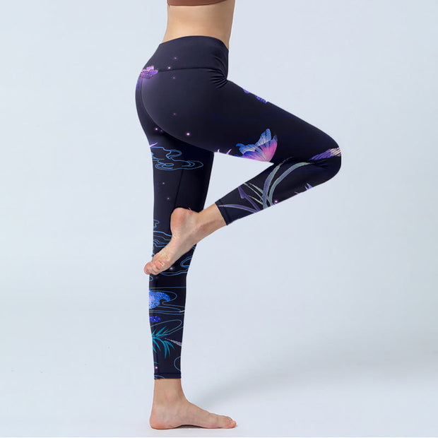 Buddha Stones Midnight Blue Flower Purple Butterfly Exercise Leggings Women's Yoga Pants - image 4