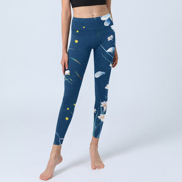 Buddha Stones SteelBlue Small White Flowers Butterfly Exercise Leggings Women's Yoga Pants Leggings BS 5