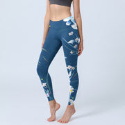 Buddha Stones SteelBlue Small White Flowers Butterfly Exercise Leggings Women's Yoga Pants