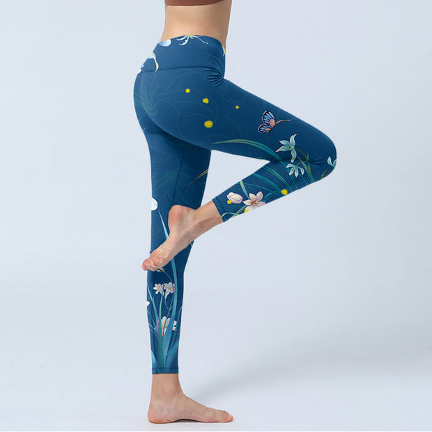 Buddha Stones SteelBlue Small White Flowers Butterfly Exercise Leggings Women's Yoga Pants - image 4