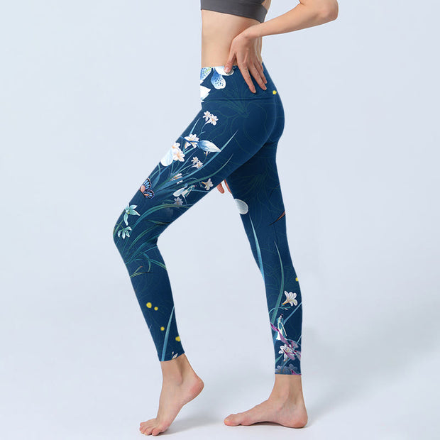 Buddha Stones SteelBlue Small White Flowers Butterfly Exercise Leggings Women's Yoga Pants