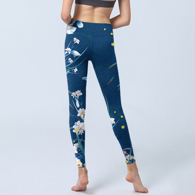 Buddha Stones SteelBlue Small White Flowers Butterfly Exercise Leggings Women's Yoga Pants Leggings BS 6