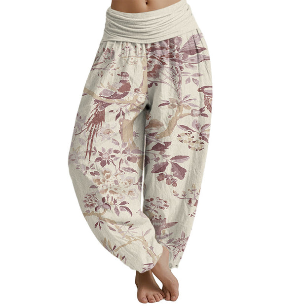 Buddha Stones Birds Branches Flowers Pattern Women's Elastic Waist Harem Pants Women's Harem Pants BS LightYellow US22，UK/AU26，EU54 (6XL)