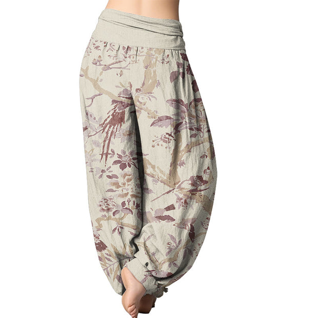 Buddha Stones Birds Branches Flowers Pattern Women's Elastic Waist Harem Pants Women's Harem Pants BS 5