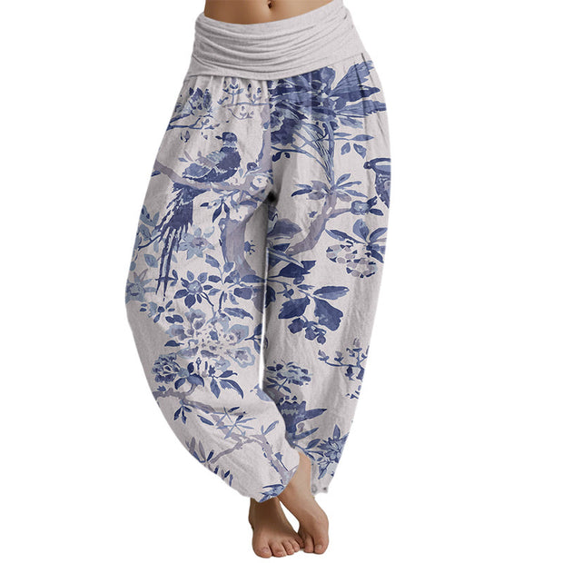 Buddha Stones Birds Branches Flowers Pattern Women's Elastic Waist Harem Pants