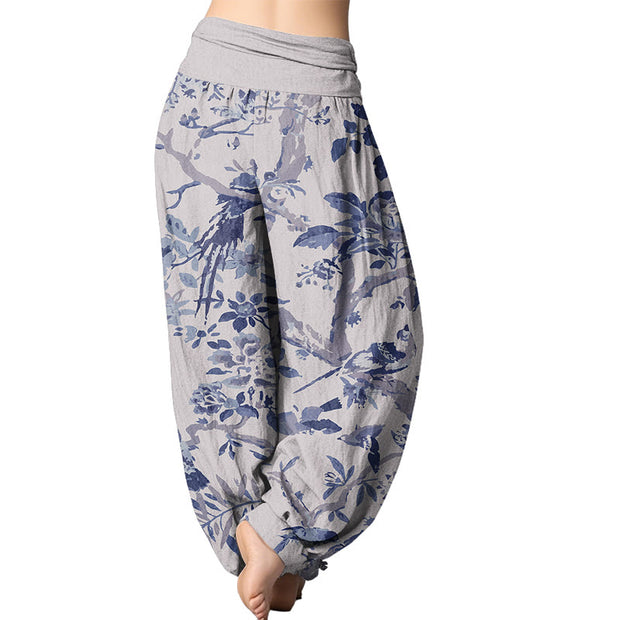 Buddha Stones Birds Branches Flowers Pattern Women's Elastic Waist Harem Pants