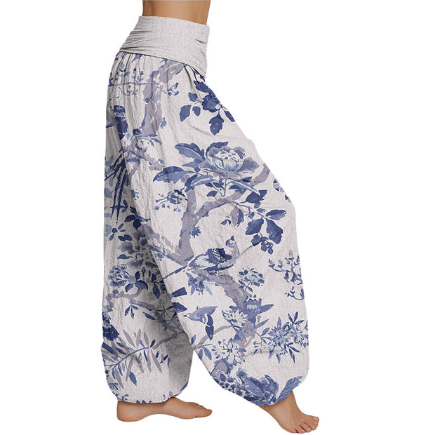 Buddha Stones Birds Branches Flowers Pattern Women's Elastic Waist Harem Pants