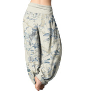 Buddha Stones Birds Branches Flowers Pattern Women's Elastic Waist Harem Pants Women's Harem Pants BS 1