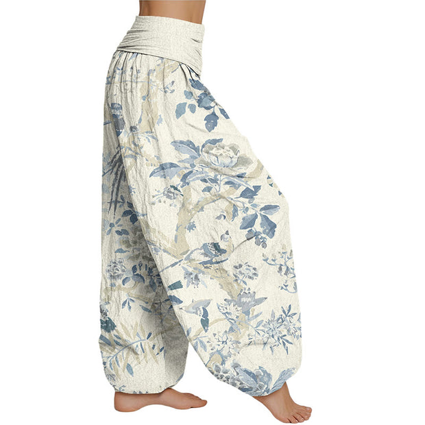 Buddha Stones Birds Branches Flowers Pattern Women's Elastic Waist Harem Pants Women's Harem Pants BS 2