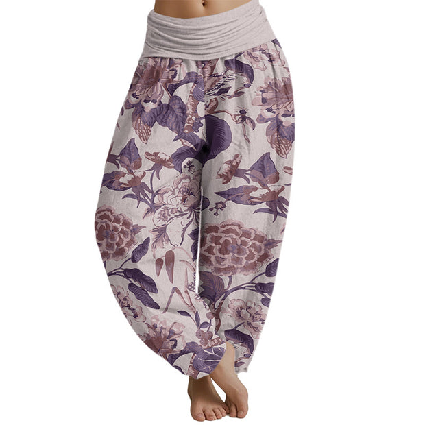 Buddha Stones Lotus Leaf Peony Pattern Women's Elastic Waist Harem Pants Women's Harem Pants BS Thistle US22，UK/AU26，EU54 (6XL)