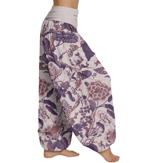 Buddha Stones Lotus Leaf Peony Pattern Women's Elastic Waist Harem Pants