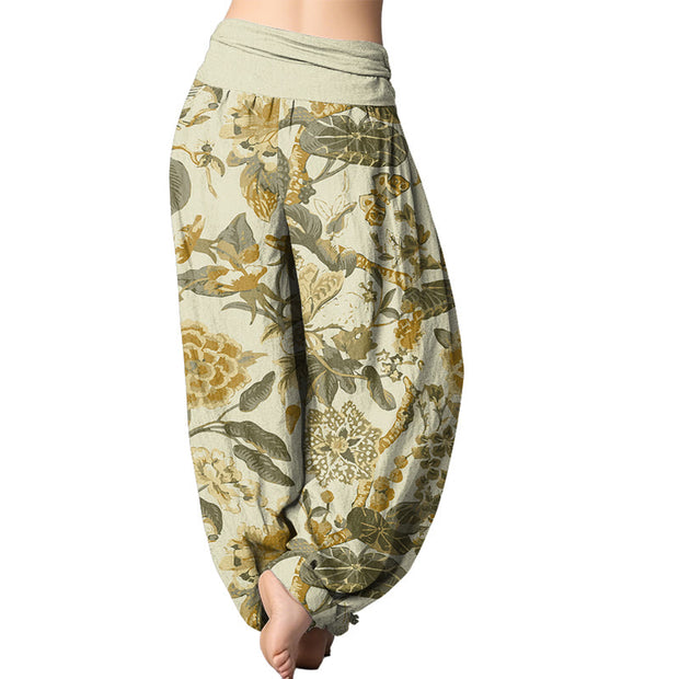 Buddha Stones Lotus Leaf Peony Pattern Women's Elastic Waist Harem Pants Women's Harem Pants BS 8