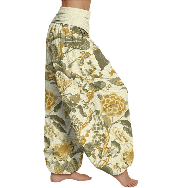 Buddha Stones Lotus Leaf Peony Pattern Women's Elastic Waist Harem Pants Women's Harem Pants BS 9