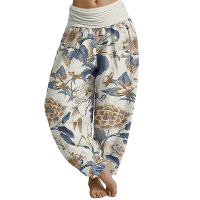 Buddha Stones Lotus Leaf Peony Pattern Women's Elastic Waist Harem Pants Women's Harem Pants BS Ivory US22，UK/AU26，EU54 (6XL)