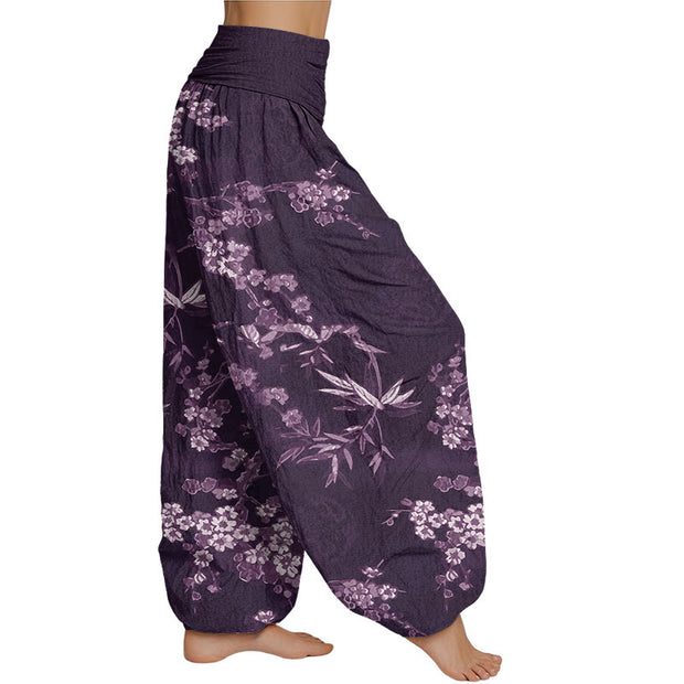 Buddha Stones White Sakura Flower Pattern Women's Elastic Waist Harem Pants Women's Harem Pants BS 6