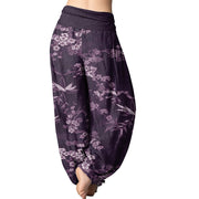 Buddha Stones White Sakura Flower Pattern Women's Elastic Waist Harem Pants Women's Harem Pants BS 5