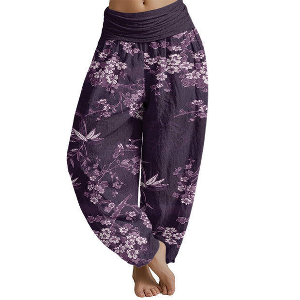 Buddha Stones White Sakura Flower Pattern Women's Elastic Waist Harem Pants Women's Harem Pants BS Purple US22，UK/AU26，EU54 (6XL)