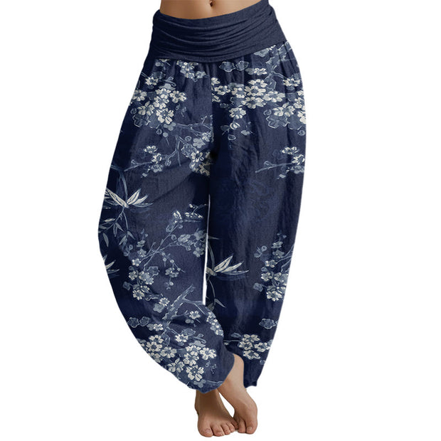 Buddha Stones White Sakura Flower Pattern Women's Elastic Waist Harem Pants Women's Harem Pants BS MidnightBlue US22，UK/AU26，EU54 (6XL)