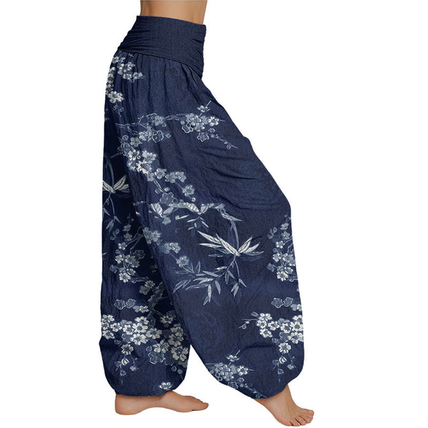 Buddha Stones White Sakura Flower Pattern Women's Elastic Waist Harem Pants Women's Harem Pants BS 2