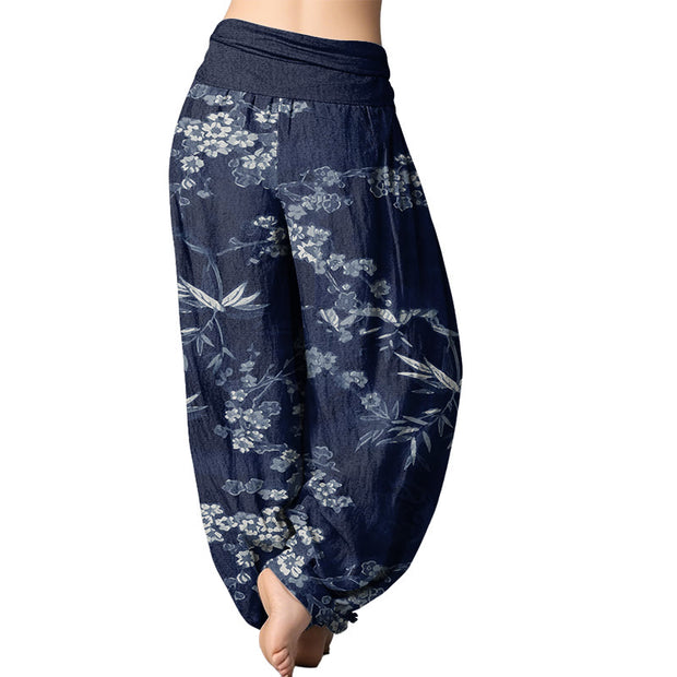 Buddha Stones White Sakura Flower Pattern Women's Elastic Waist Harem Pants Women's Harem Pants BS 1