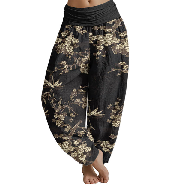 Buddha Stones White Sakura Flower Pattern Women's Elastic Waist Harem Pants Women's Harem Pants BS Black US22，UK/AU26，EU54 (6XL)