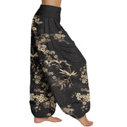 Buddha Stones White Sakura Flower Pattern Women's Elastic Waist Harem Pants