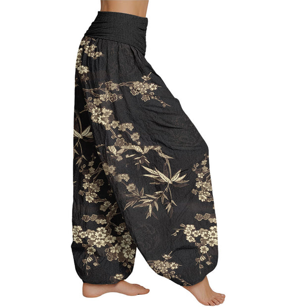 Buddha Stones White Sakura Flower Pattern Women's Elastic Waist Harem Pants Women's Harem Pants BS 9