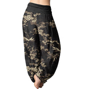 Buddha Stones White Sakura Flower Pattern Women's Elastic Waist Harem Pants Women's Harem Pants BS 8