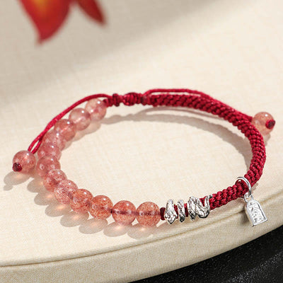 Buddha Stones Natural Strawberry Quartz Silver Sheen Obsidian Year of the Snake String Protection Braided Bracelet Bracelet BS main