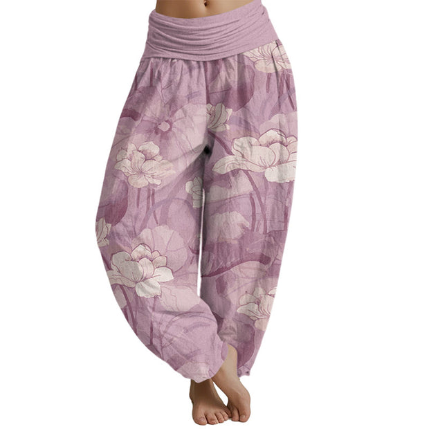 Buddha Stones Lotus Design Women's Elastic Waist Harem Pants