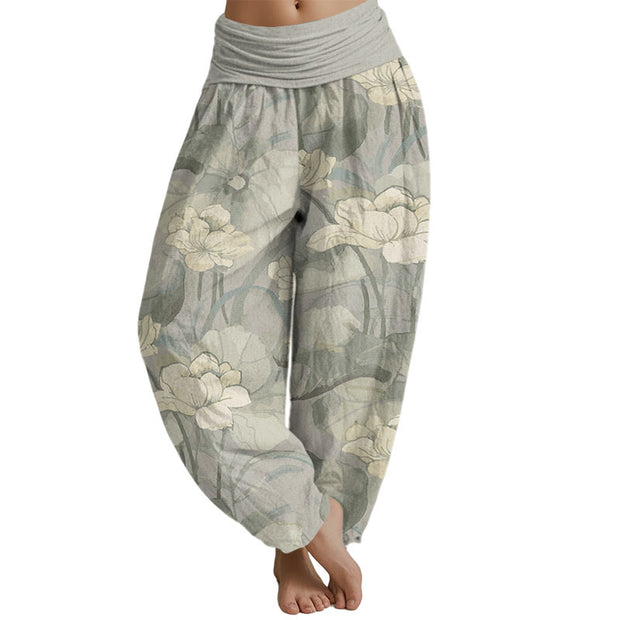 Buddha Stones Lotus Design Women's Elastic Waist Harem Pants