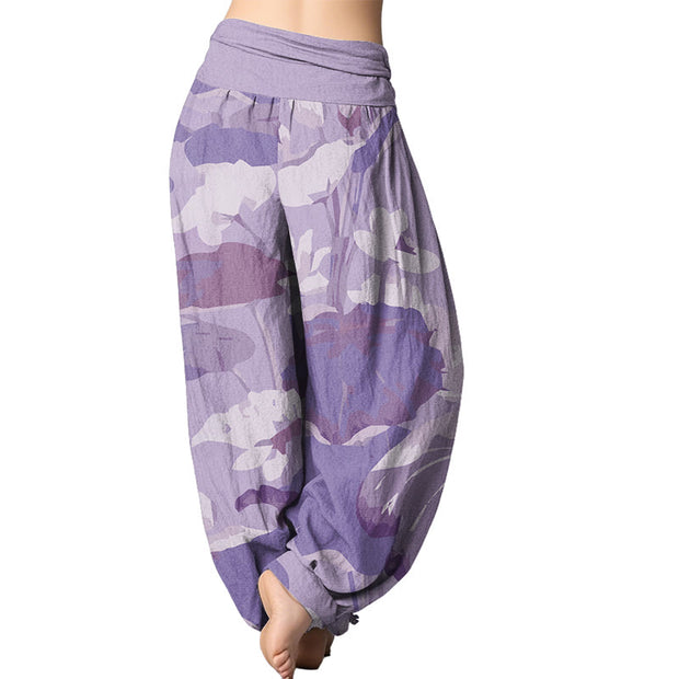 Buddha Stones Lotus Leaves Design Women's Elastic Waist Harem Pants Women's Harem Pants BS 5