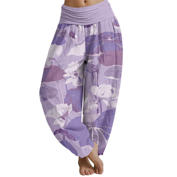 Buddha Stones Lotus Leaves Design Women's Elastic Waist Harem Pants