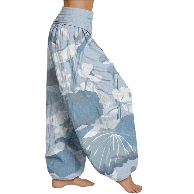 Buddha Stones Lotus Leaves Design Women's Elastic Waist Harem Pants