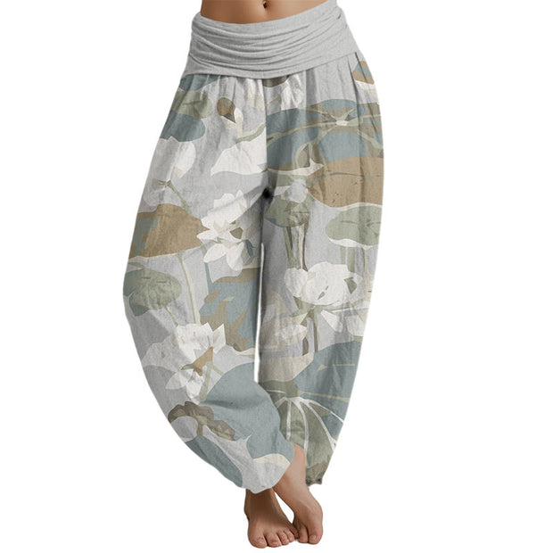 Buddha Stones Lotus Leaves Design Women's Elastic Waist Harem Pants Women's Harem Pants BS LightGrey US22，UK/AU26，EU54 (6XL)