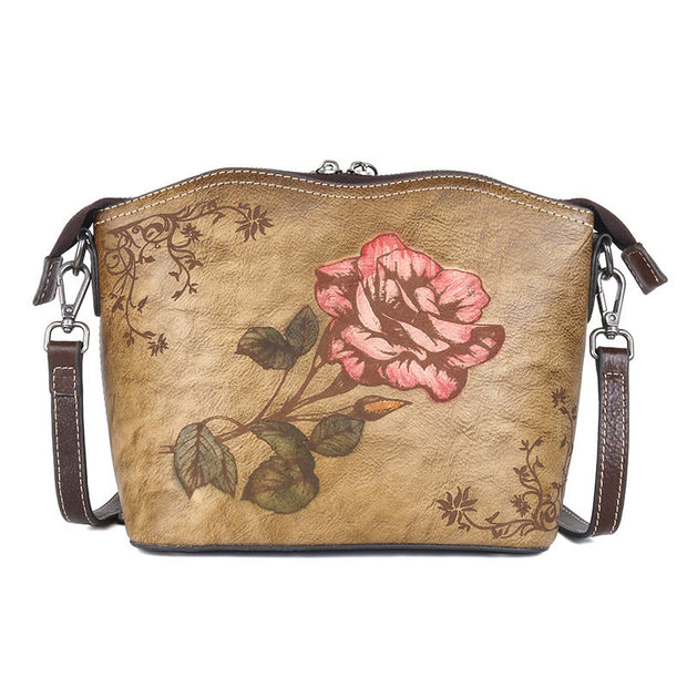 Buddha Stones Retro Rose Printed Leather Bag Journey Shopping Purse Handbag Shoulder Bag Crossbody Bag Crossbody Bag&Shoulder Bag BS 6